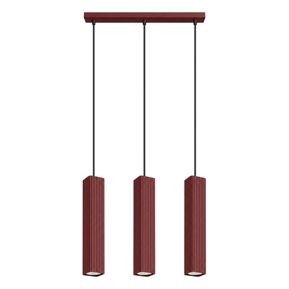 Suspension Rayo 3L cannelée laque bordeaux à trois spots vue de face sur fond blanc