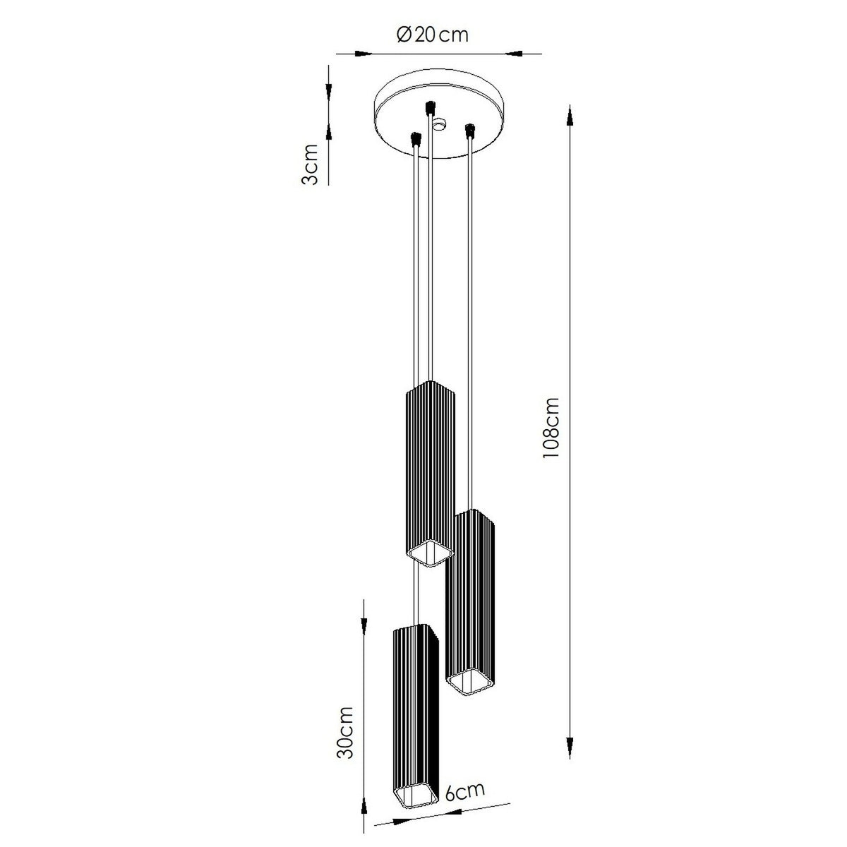 Croquis coté de la suspension Rayo 3P rosace de 20 cm hauteur 108 cm et tubes de 6 cm sur 30 cm