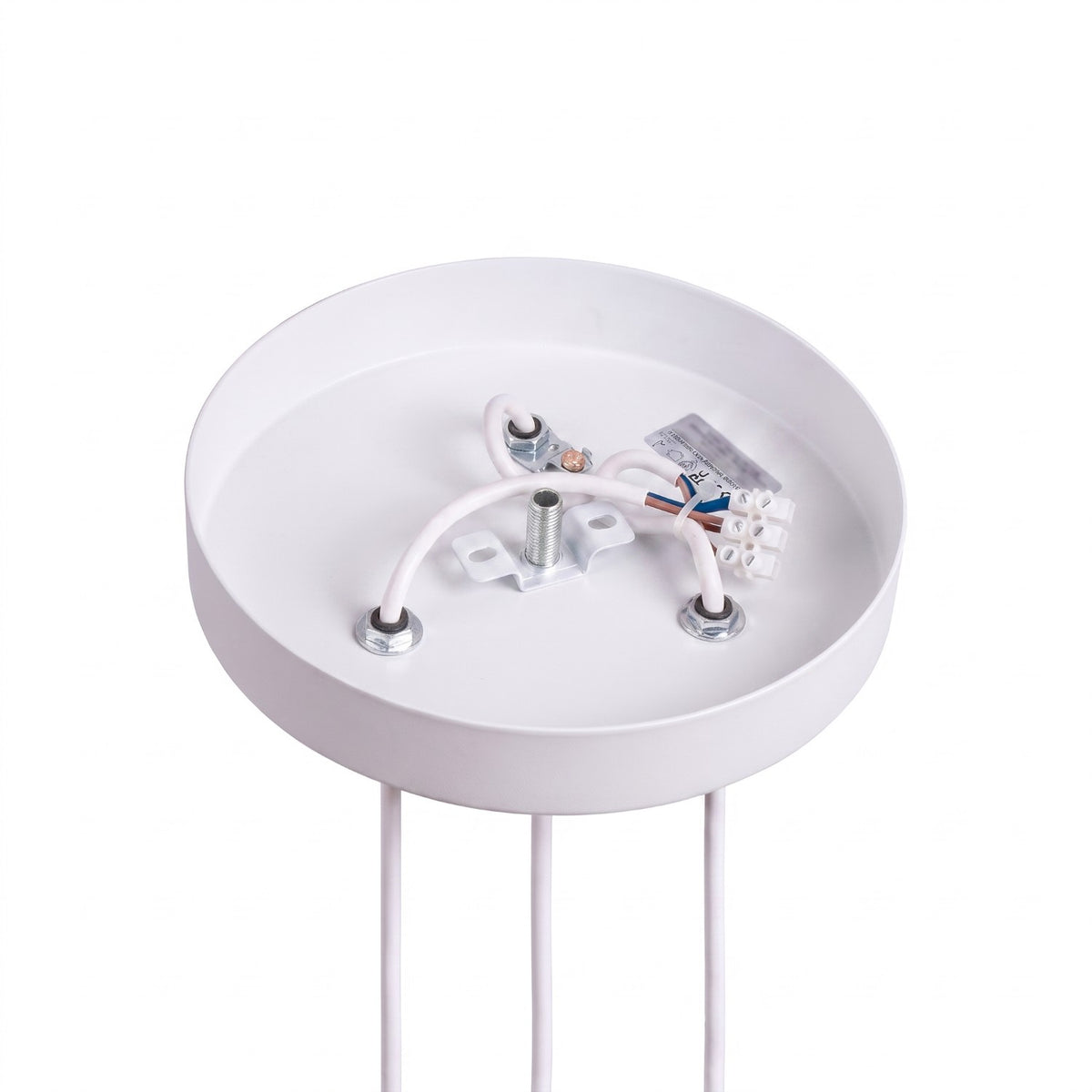 Intérieur de la rosace ronde de la suspension Rayo 3P laque blanche avec étrier de fixation et bornier