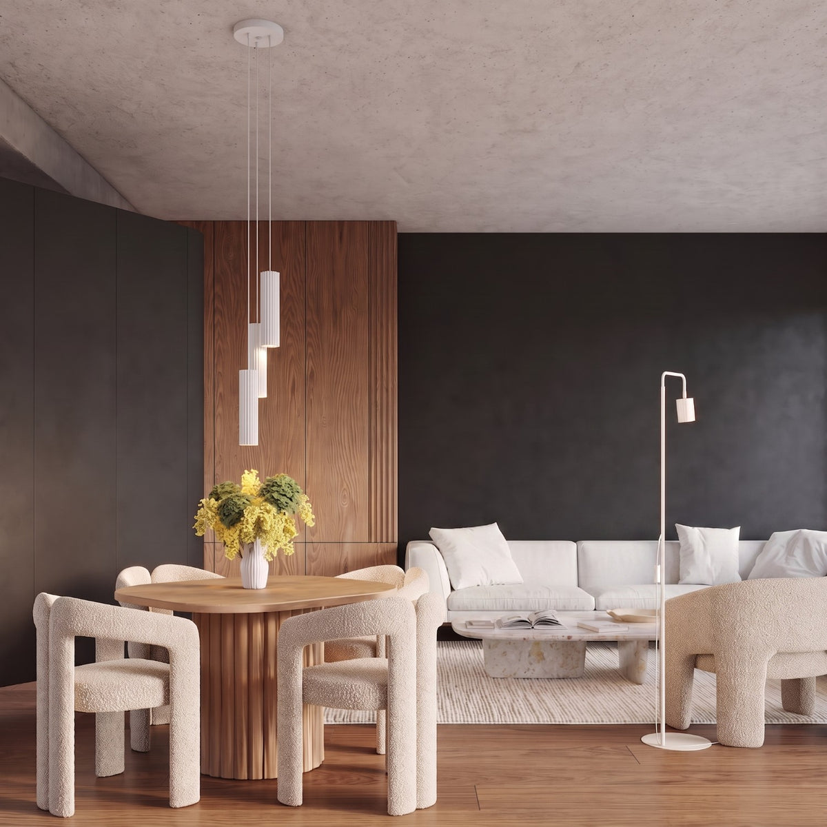 Suspension Rayo 3P laque blanche au-dessus d'une table de salle à manger avec un lampadaire Rayo dans le salon