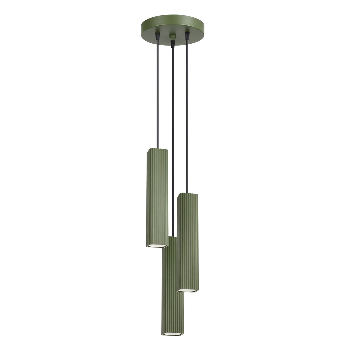 Suspension Rayo 3P cannelée laque vert olive à trois tubes sur fond blanc