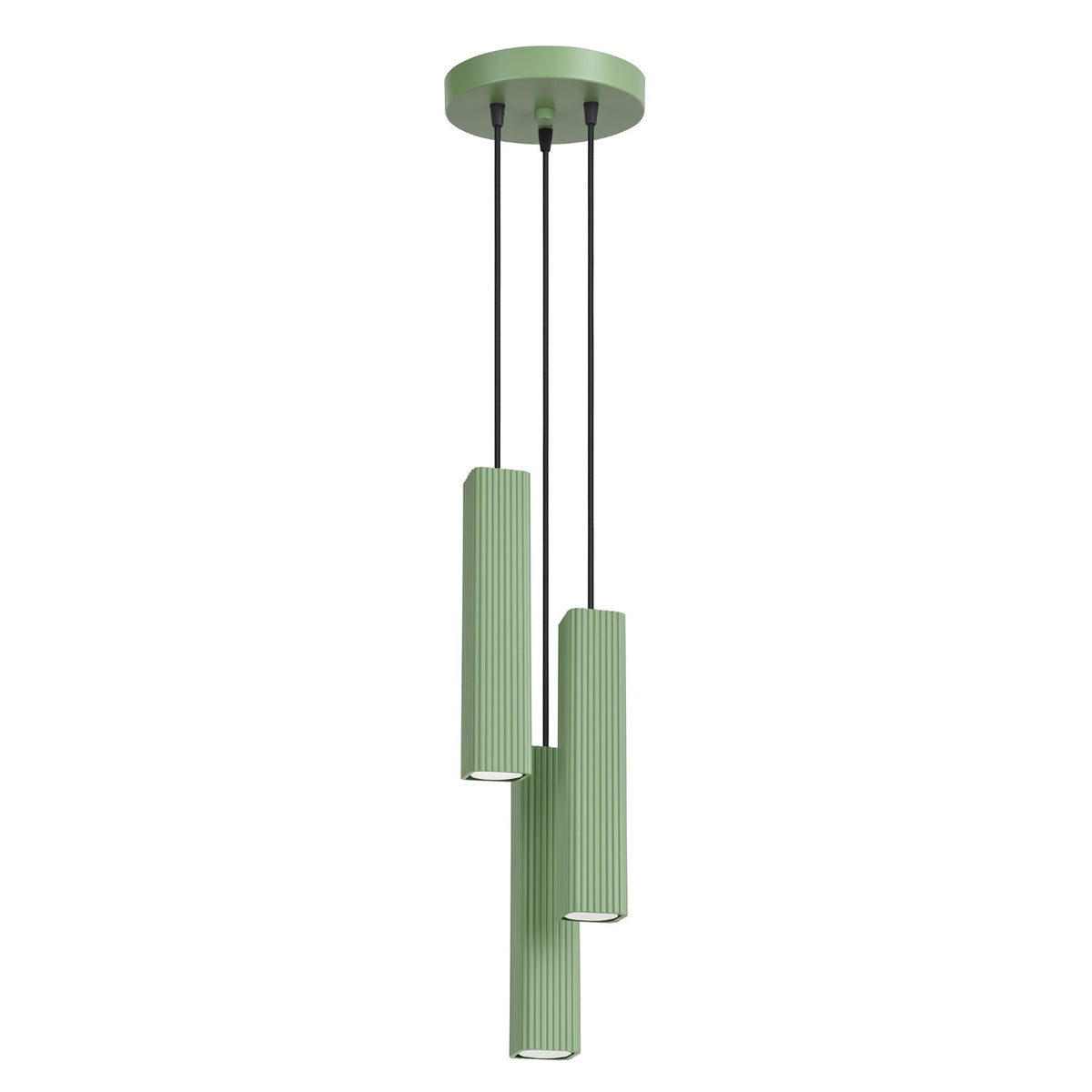 Suspension Rayo 3P cannelée laque vert sauge à trois tubes sur fond blanc