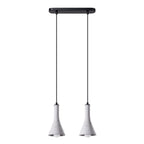 Suspension REA 2 béton gris E14, deux abat-jours entonnoir en béton gris alignés sous une barre d'acier noir, ampoules E14 apparentes