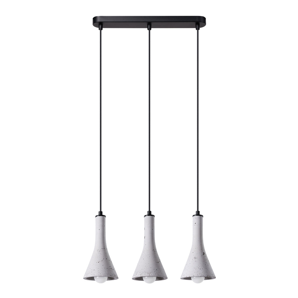 Suspension REA 3 en ligne béton gris E14, trois abat-jours entonnoir en béton gris alignés sous une barre d'acier noir, ampoules E14 apparentes