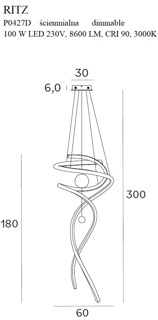 Dimensions Suspension Ritz dorée à variateur