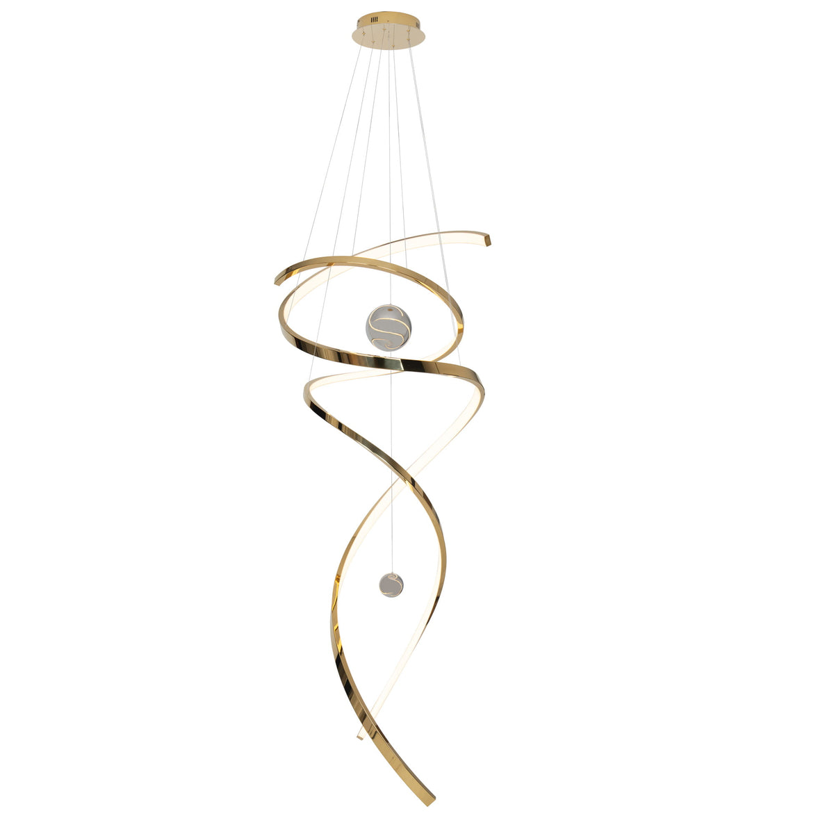 Suspension Ritz deux rubans d'acier doré en spirale avec leur ligne lumineuse et deux billes translucides