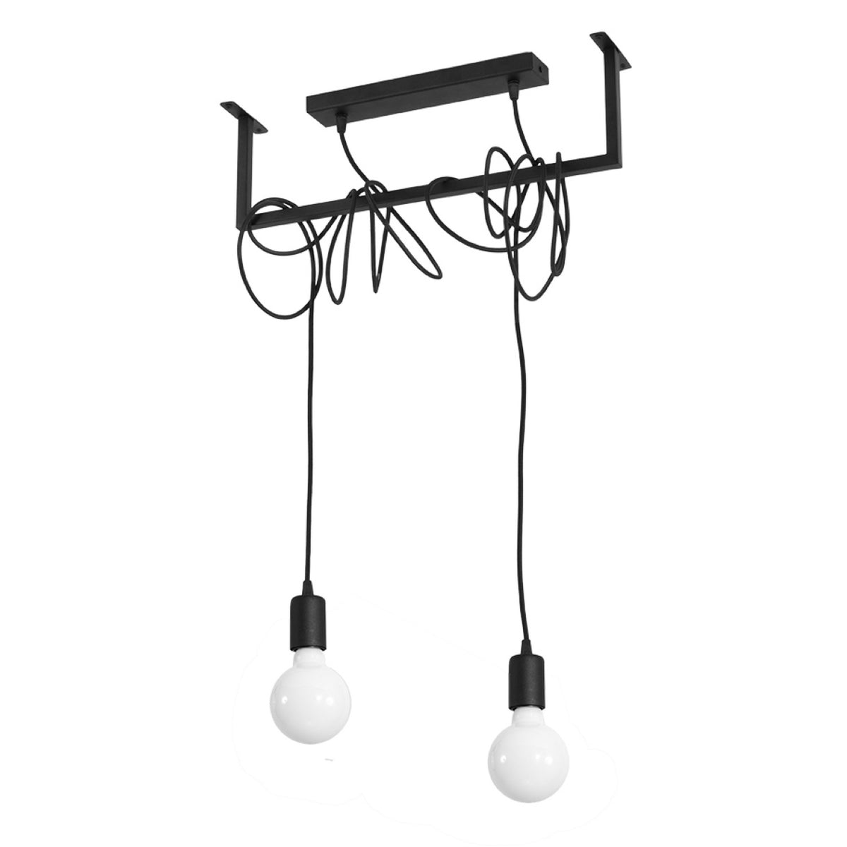 Suspension Salamanca 2 lumières métal noir avec deux ampoules globe au bout de câbles enroulés autour d'une barre d'acier