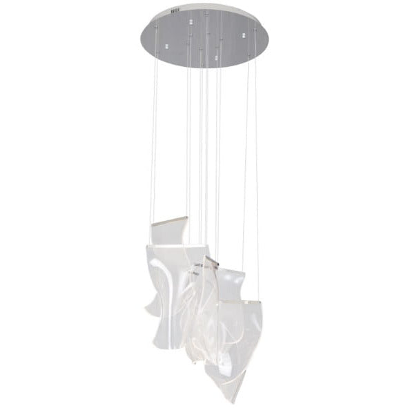 Suspension Silk en grappe de panneaux d'acrylique ondulés sous des barrettes et un pavillon rond chromés