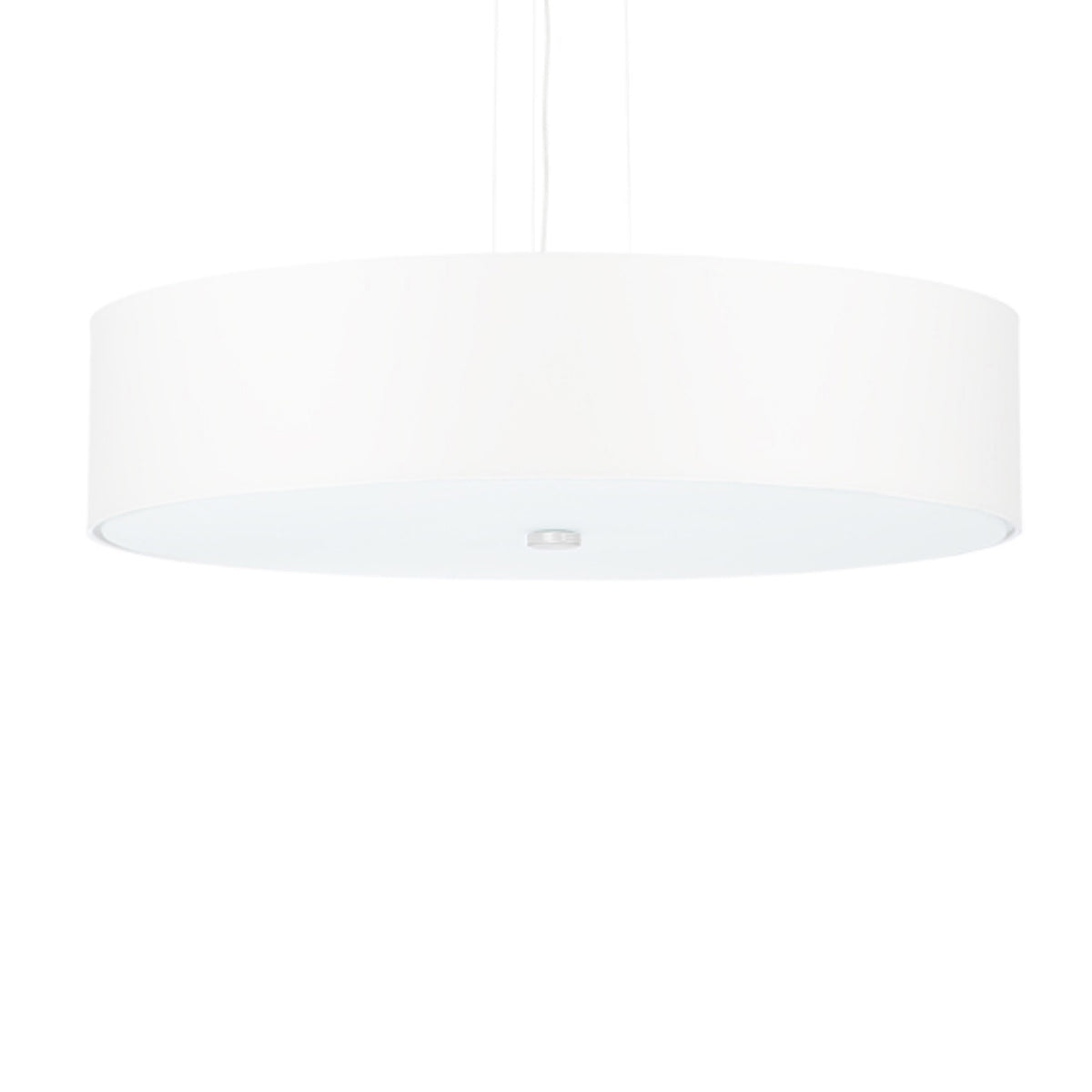 Suspension Skala tissu blanc abat-jour tambour large et fin fermé par un diffuseur en verre dépoli