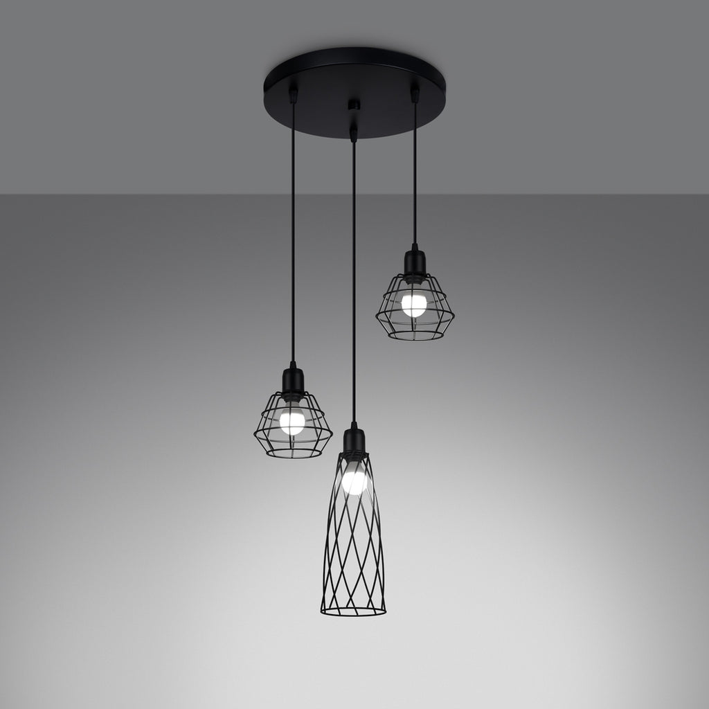Suspension Suba 3 en grappe métal noir E14 allumée, ampoule E14 apparente