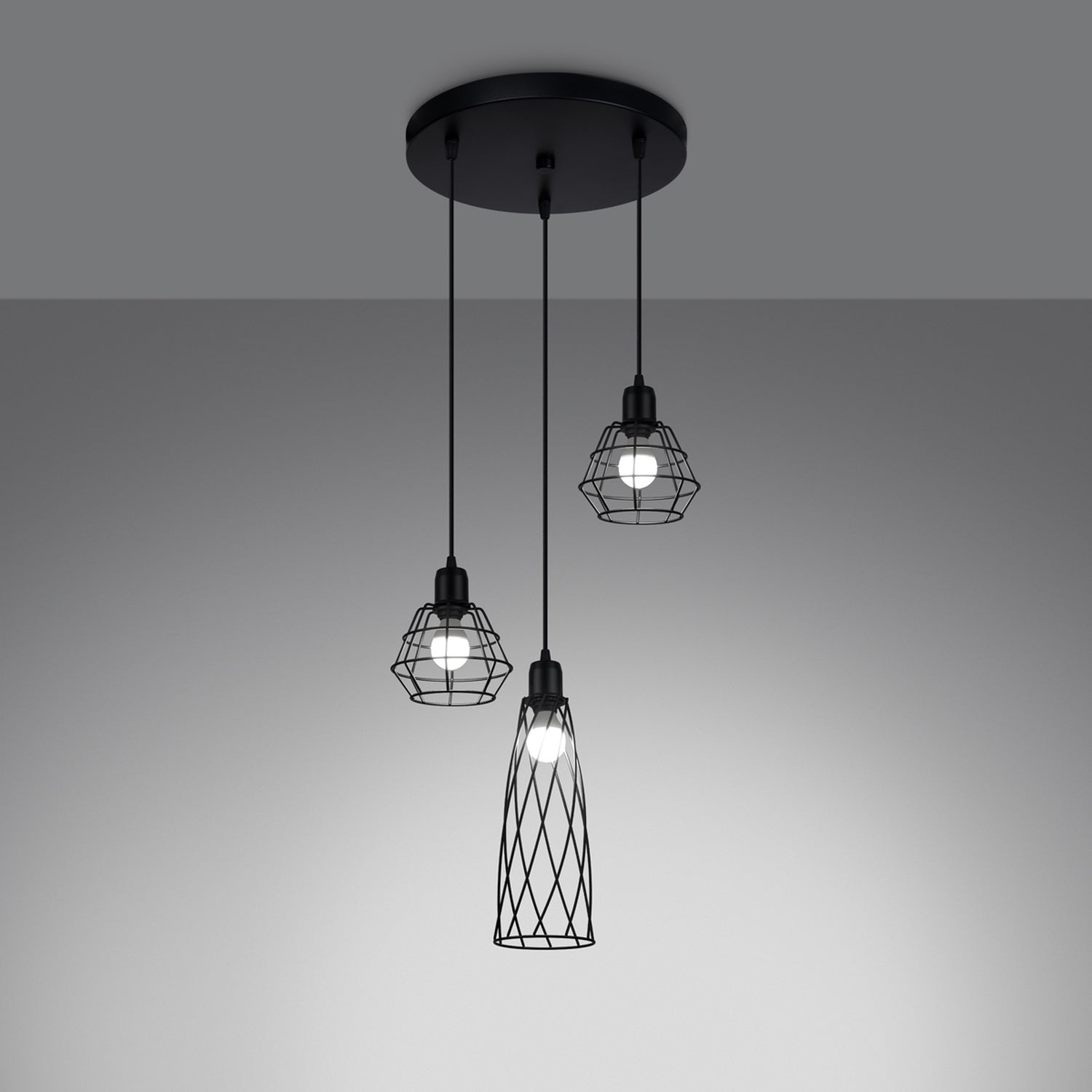 Suspension Suba 3 en grappe métal noir E14 allumée, ampoule E14 apparente