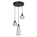 Suspension Suba 3 en grappe métal noir E14, trois abat-jours cage en fil d'acier noir (cône et diamant) en grappe, ampoules E14 apparentes