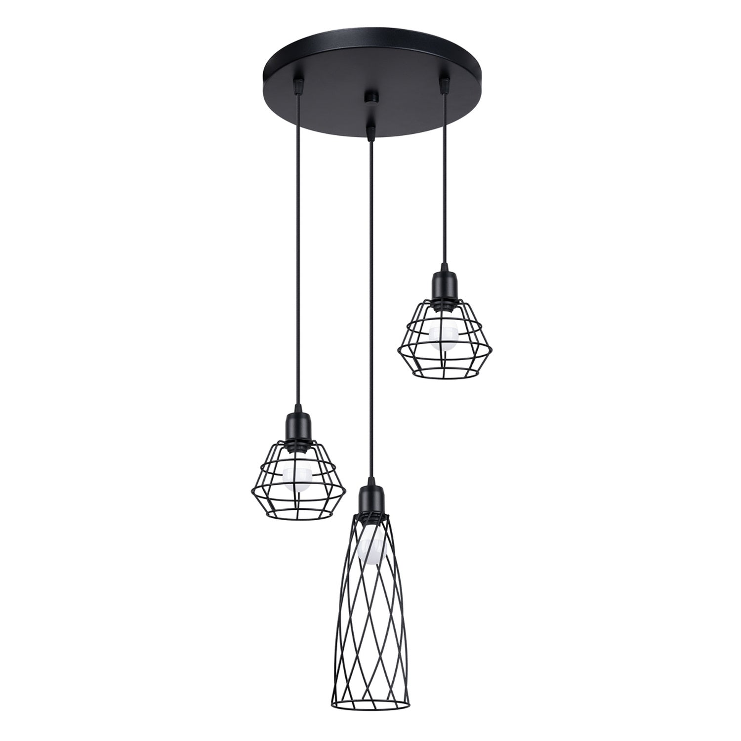 Suspension Suba 3 en grappe métal noir E14, trois abat-jours cage en fil d'acier noir (cône et diamant) en grappe, ampoules E14 apparentes