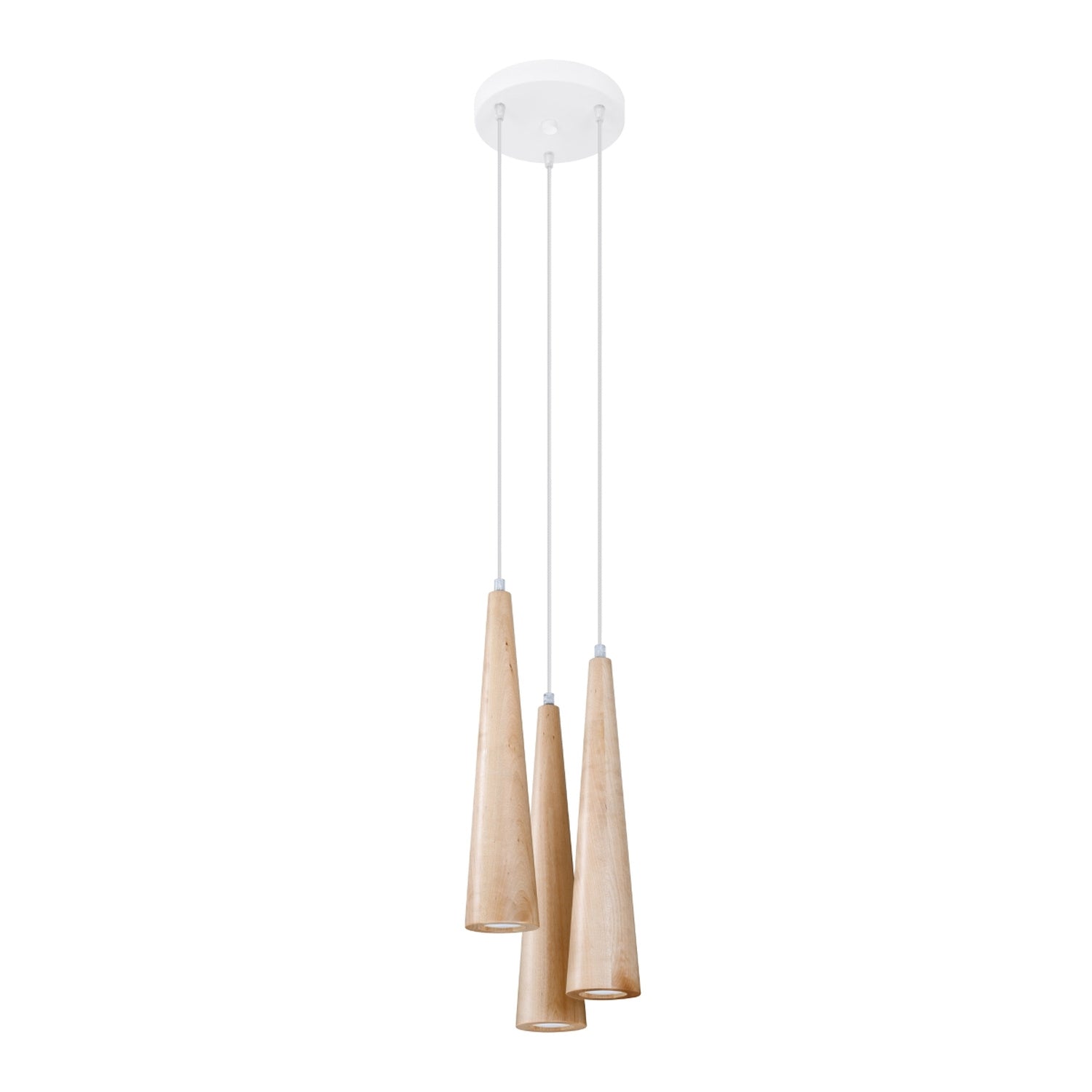 Suspension Sula 3 en grappe bois naturel, trois cônes effilés à faisceau GU10