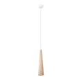 Suspension Sula cône en bois naturel avec sa rosace blanche et son câble transparent