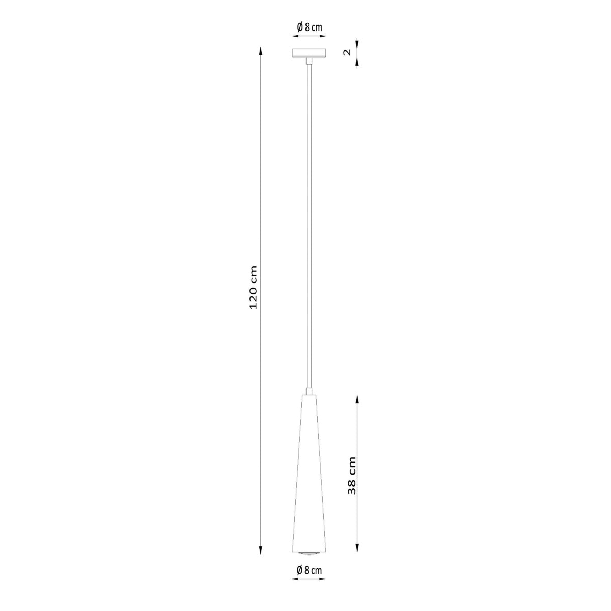 Schéma coté suspension Sula hauteur 120 cm cône de 38 cm diamètre 8 cm et rosace de 8 cm