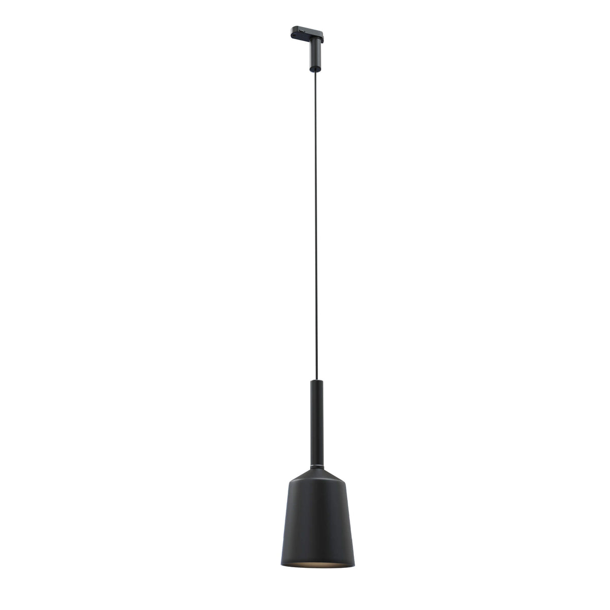 Suspension sur rail Tulipe noire avec son adaptateur de rail son câble fin sa tige cylindrique et son abat-jour conique