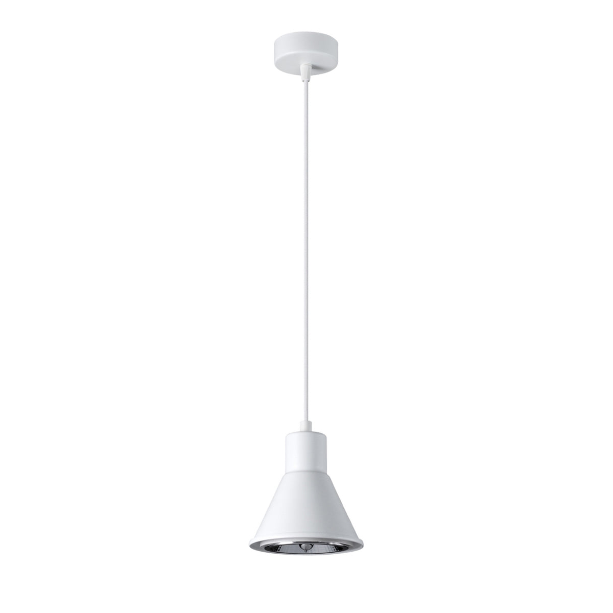 Suspension Taleja 1 en acier blanc abat-jour conique avec ampoule spot ES111 sous une rosace ronde