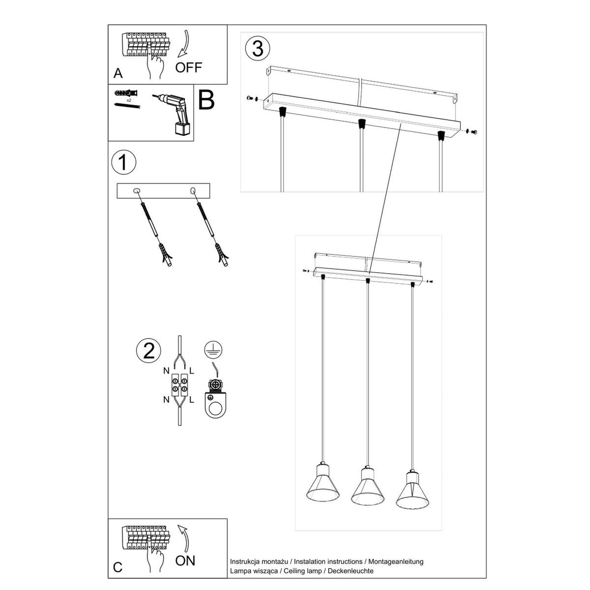 Schéma de montage suspension Taleja 3 fixation de la barre au plafond et raccordement électrique