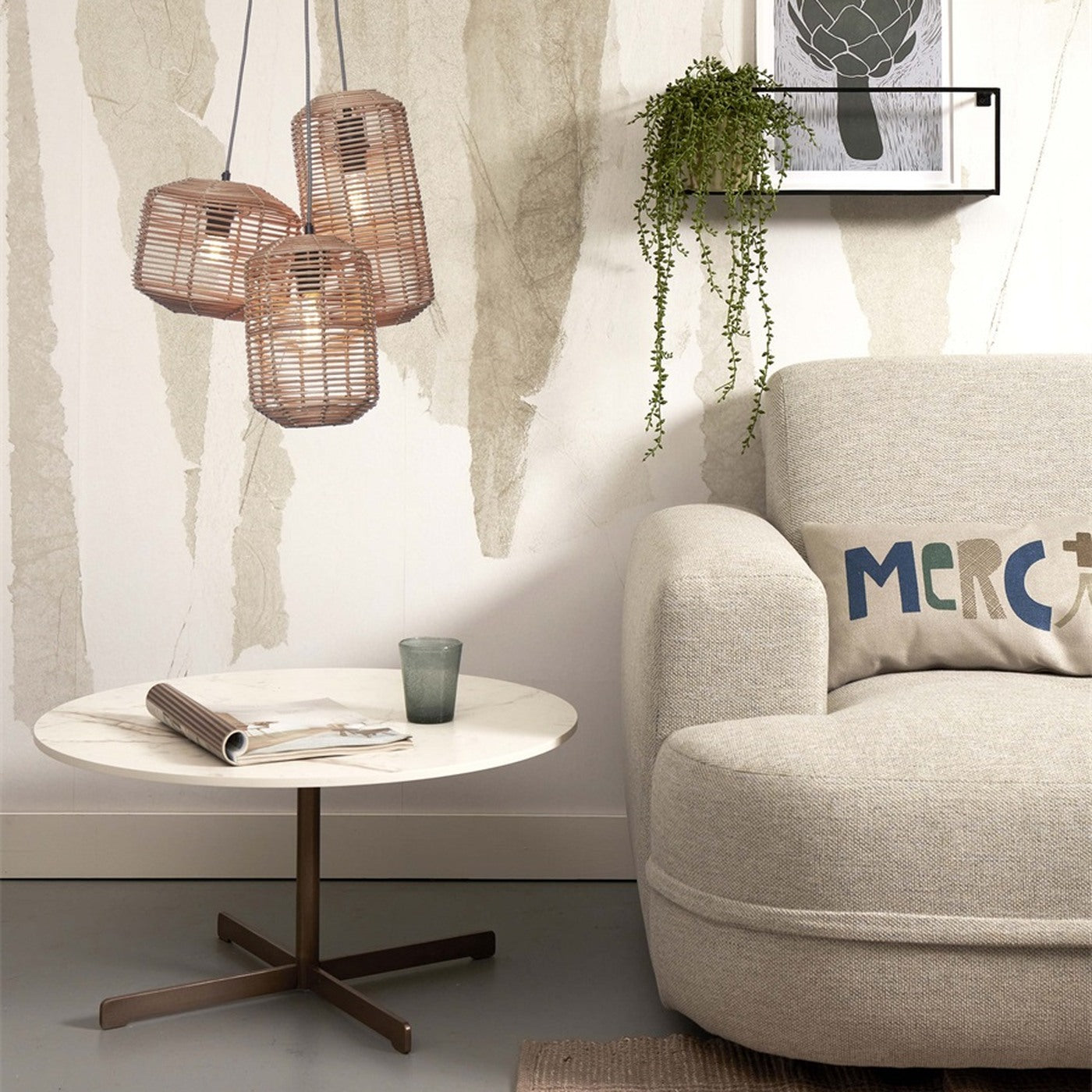 Suspension Tanami rotin naturel 3 tubes E27, vue 3