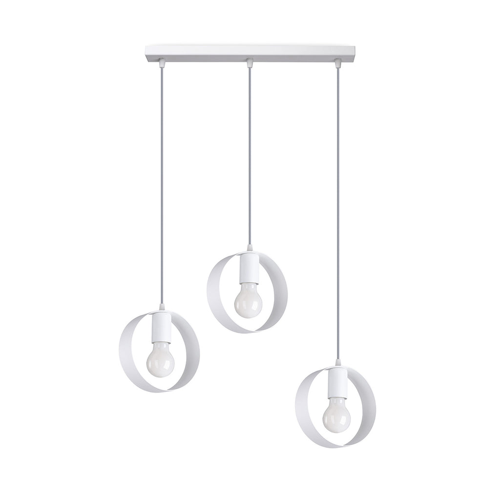 Suspension Titran 3 acier blanc, trois anneaux ouverts encerclant une ampoule E27 apparente
