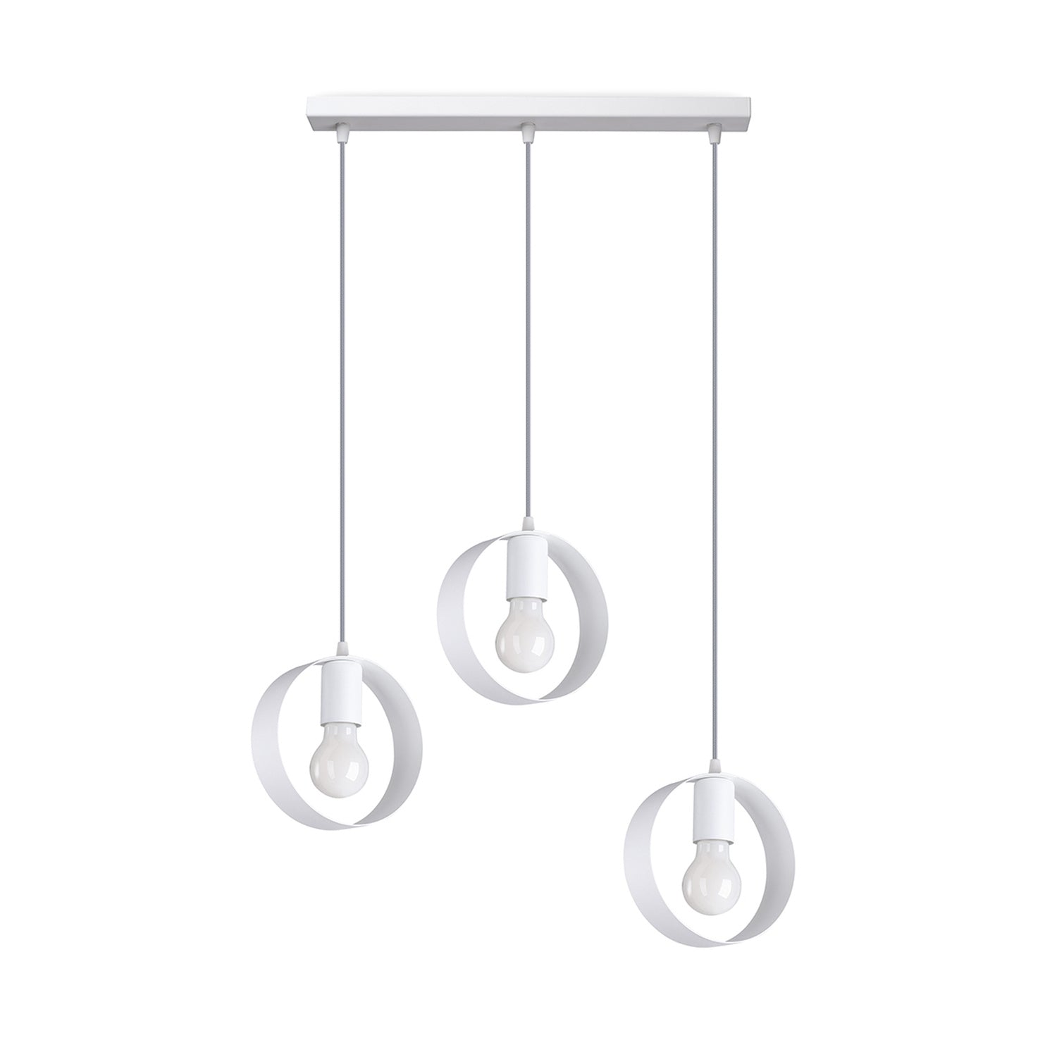 Suspension Titran 3 acier blanc, trois anneaux ouverts encerclant une ampoule E27 apparente