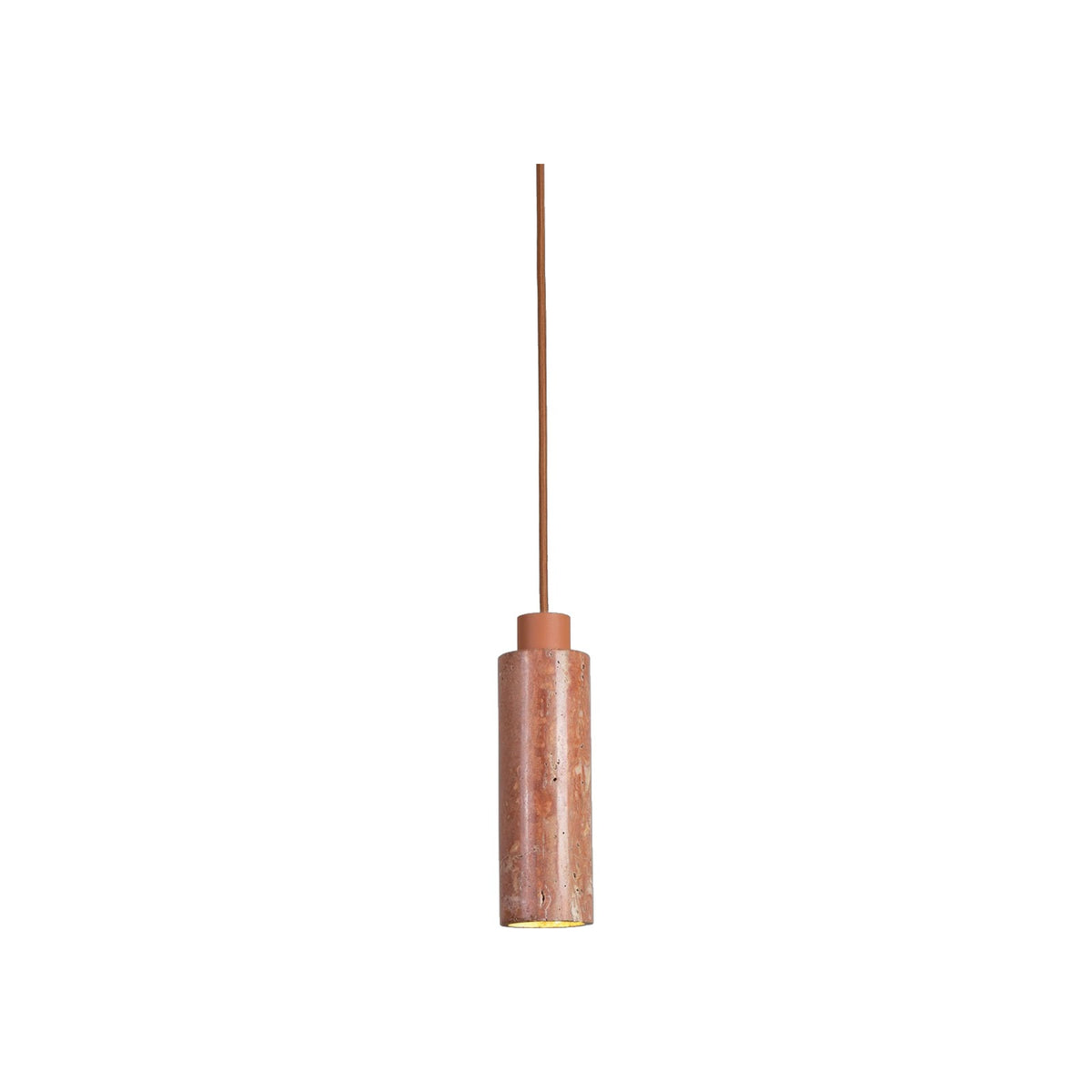 Suspension Tivoli travertin terracotta allumée cylindre de pierre sous un cache-douille terracotta