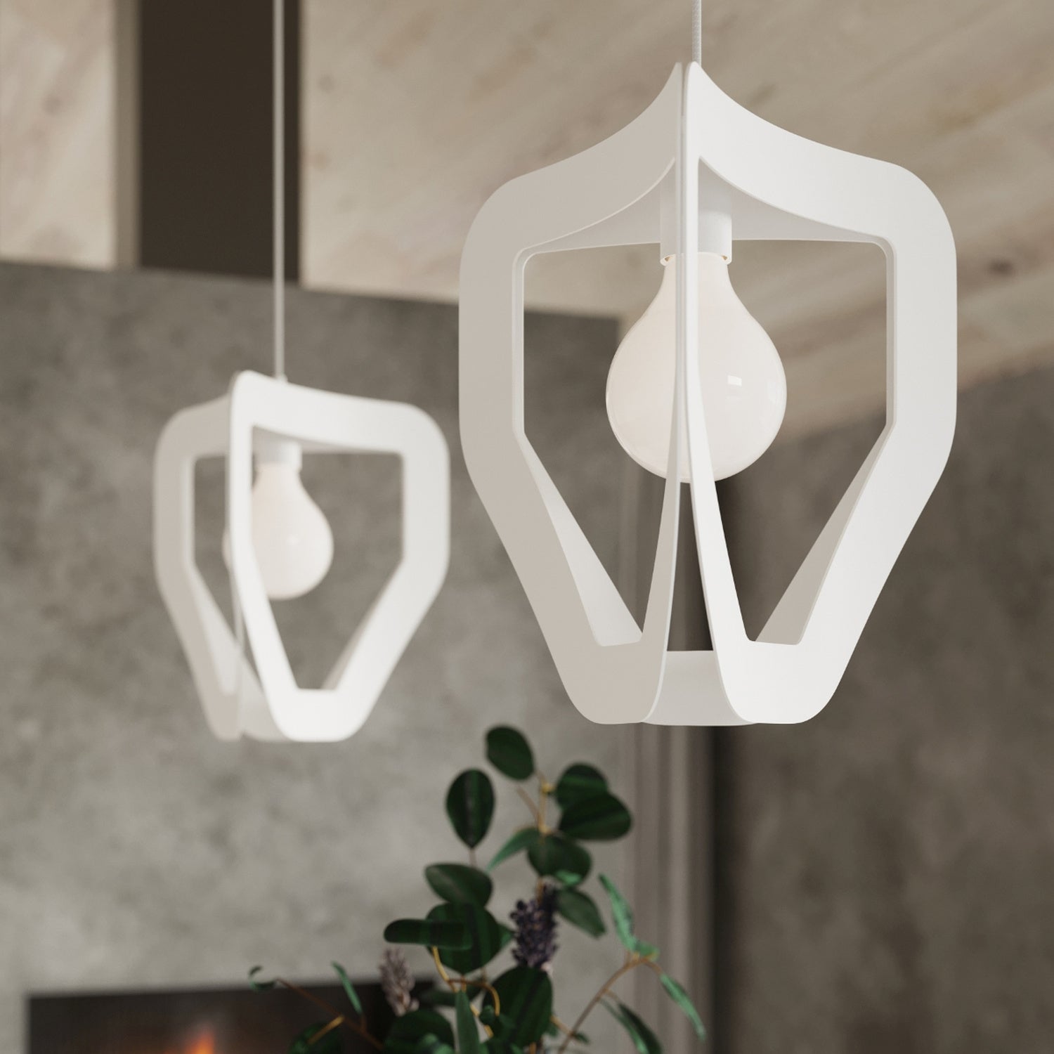 Suspension Tres métal blanc, ambiance et ampoule décorative