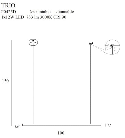Dimensions Suspension Trio I dorée à variateur