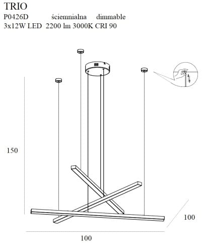 Dimensions Suspension Trio III dorée à variateur