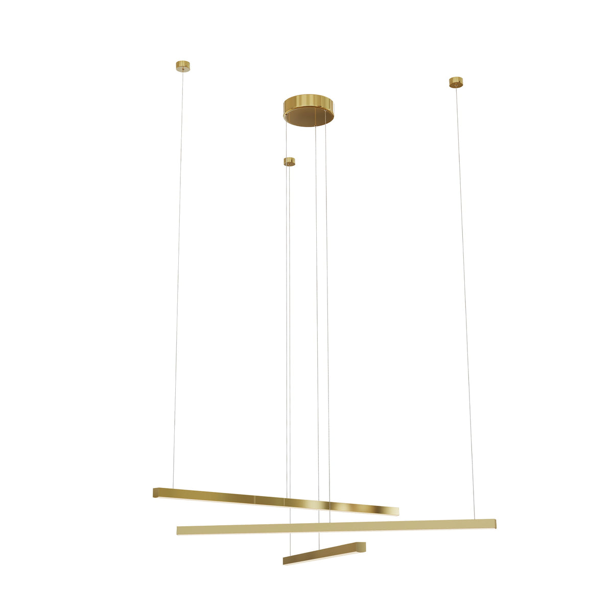 Suspension Trio III Métal brossé doré sur fond blanc trois barres étagées et rosace centrale