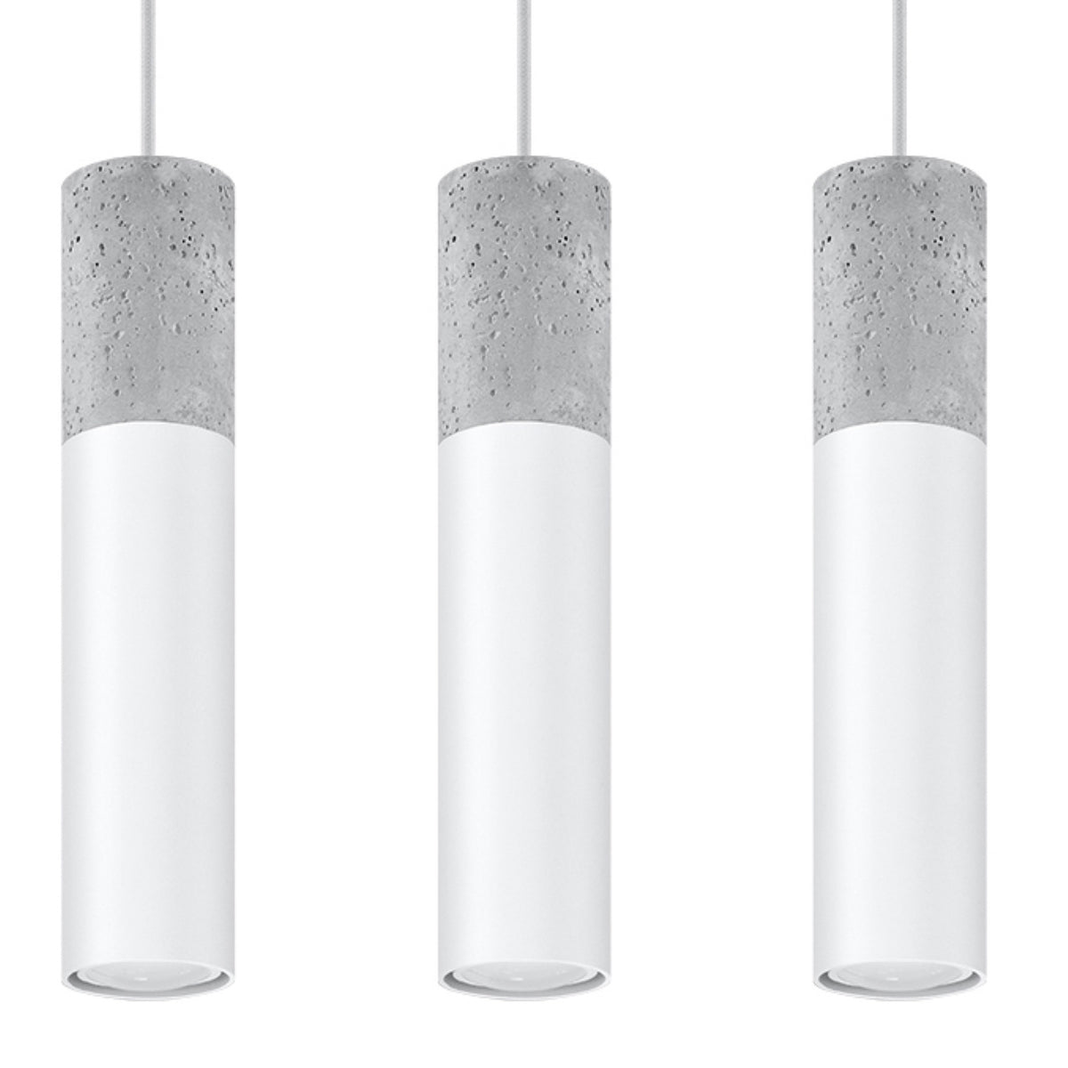 Suspension tube Borgio 3 lumières métal blanc et béton vue rapprochée