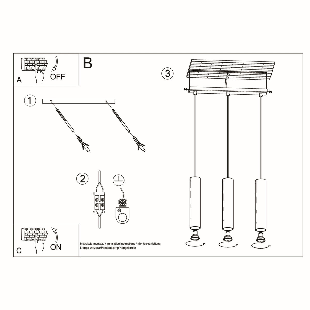 Schéma de montage au plafond de la suspension Lino 3 lumières et pose des ampoules GU10