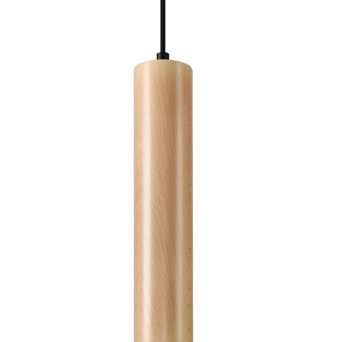 Suspension tube Lino en bois naturel vue rapprochée sous son câble noir