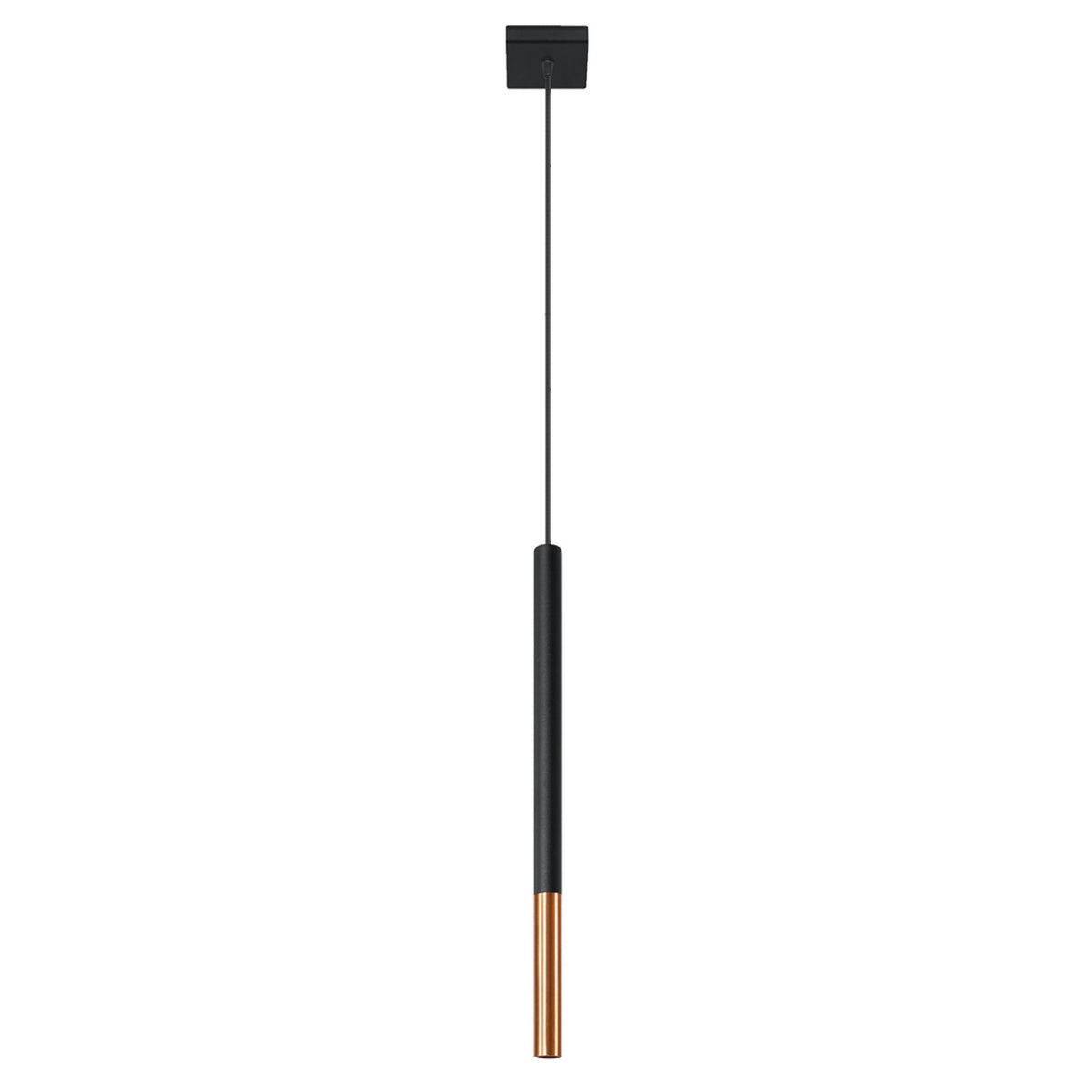 Suspension tube Mozaica noir et cuivre avec rosace carrée et embout brillant sur fond blanc