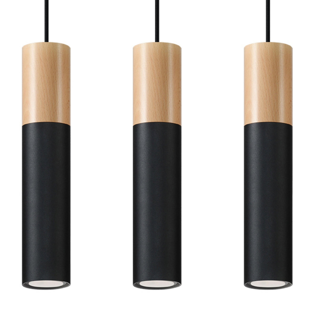 Suspension tube Pablo 3 lumières en ligne métal noir et bois naturel vue de face