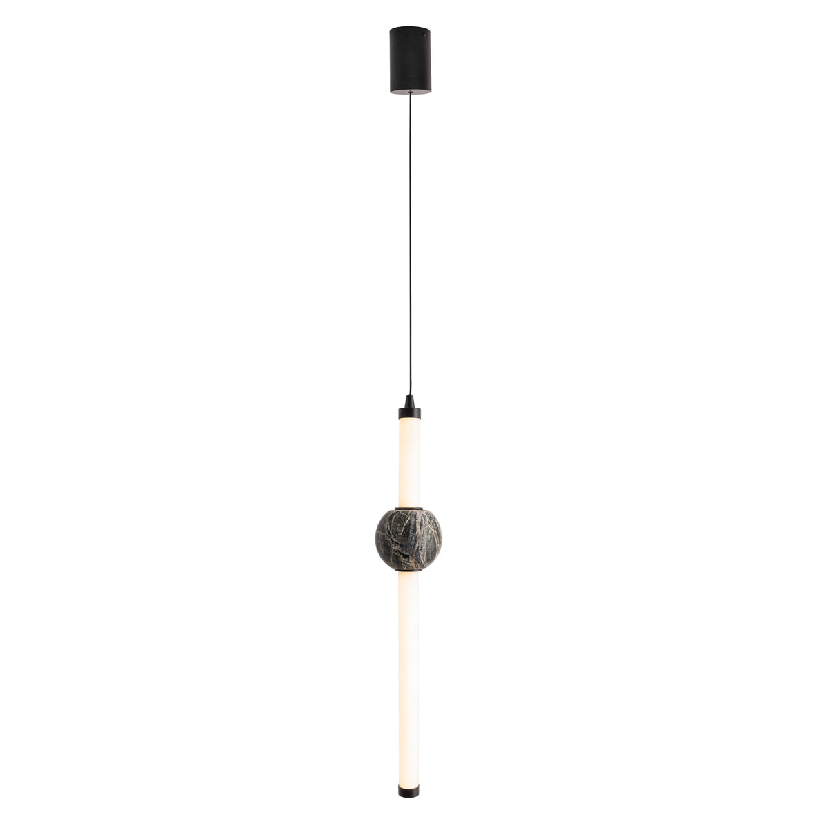 Suspension Verdes tube lumineux blanc et sphère en marbre noir veiné sous une rosace cylindrique noire