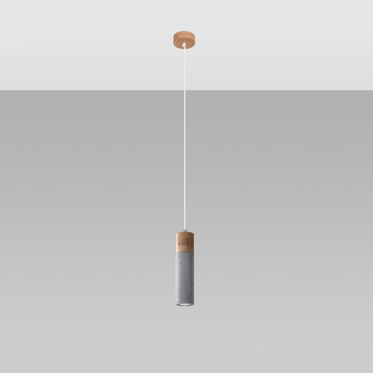 Suspension Zane 1 bois et béton gris vue entière avec sa rosace en bois et son câble blanc