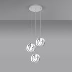 Suspension Tulos 3 en grappe blanc allumé, lumière filtrée par les rubans ajourés
