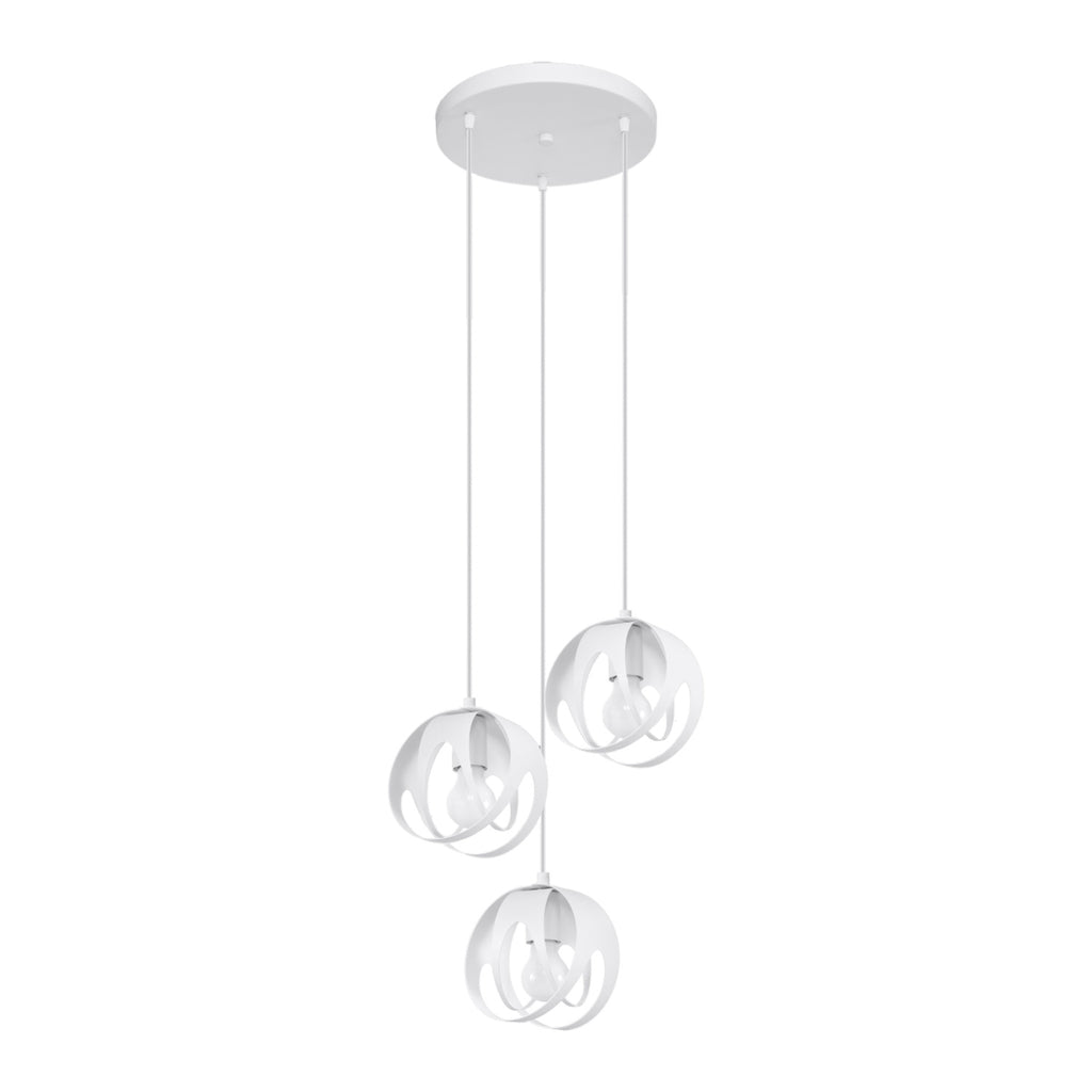 Suspension Tulos 3 en grappe blanc, trois boules ajourées en rubans d'acier entrelacés, ampoules E27