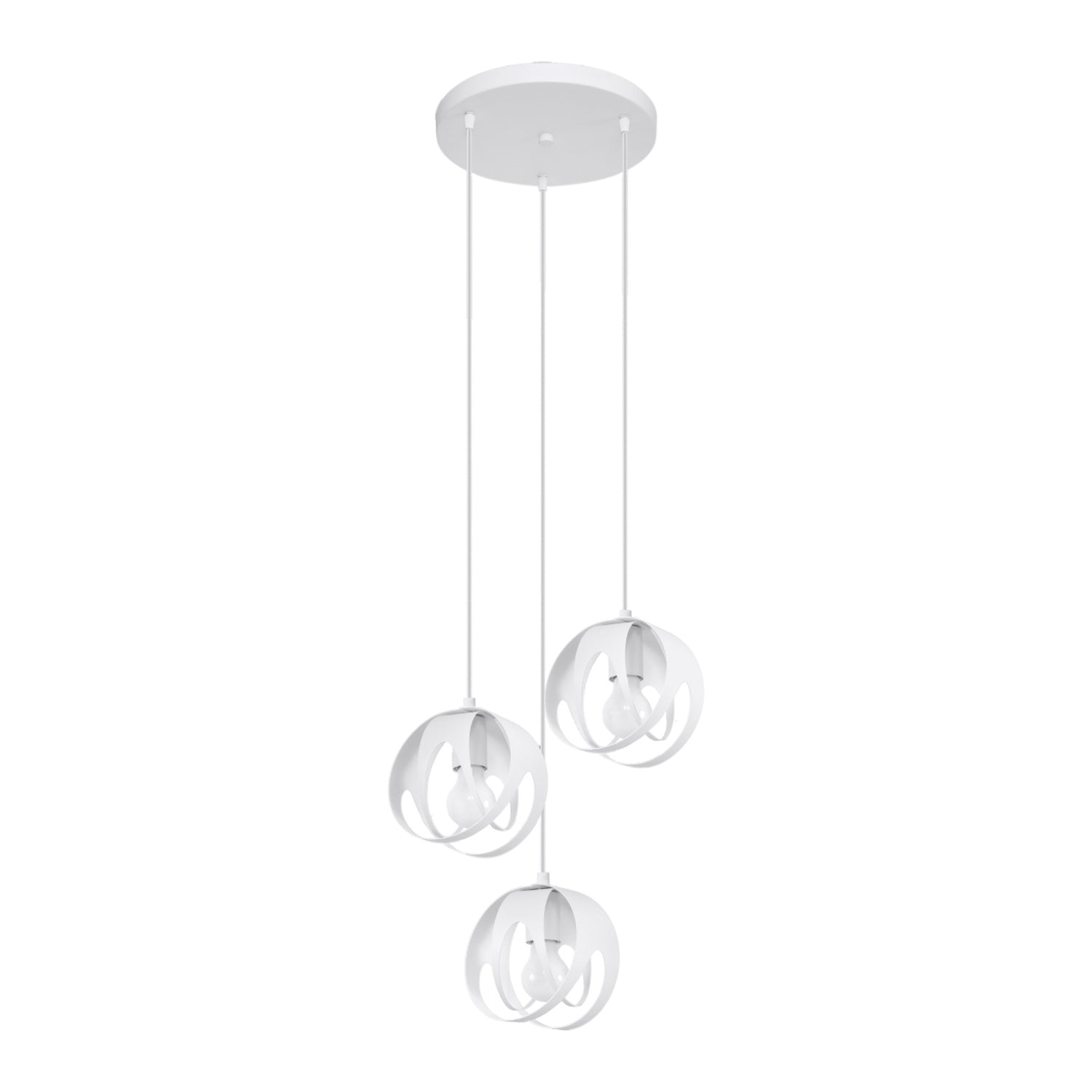 Suspension Tulos 3 en grappe blanc, trois boules ajourées en rubans d'acier entrelacés, ampoules E27