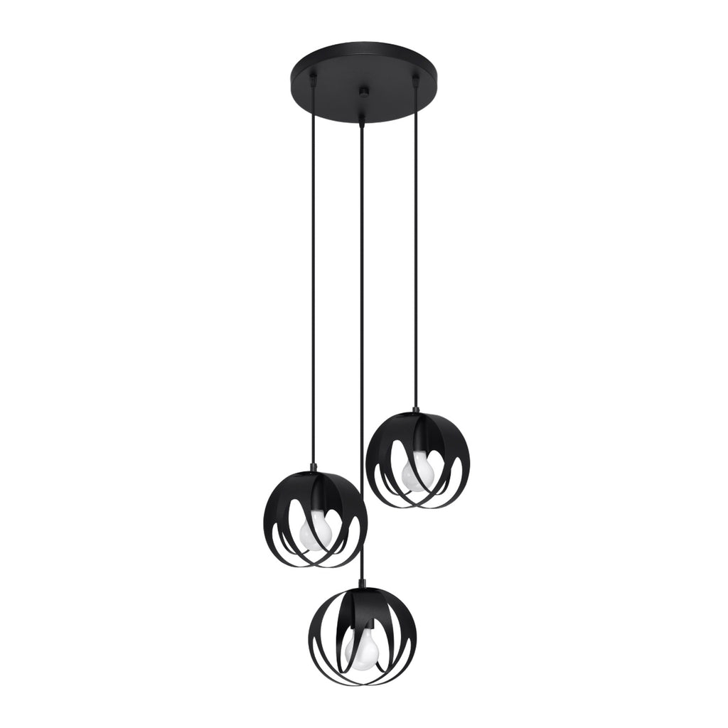 Suspension Tulos 3 en grappe noir, trois boules ajourées en rubans d'acier entrelacés, ampoules E27