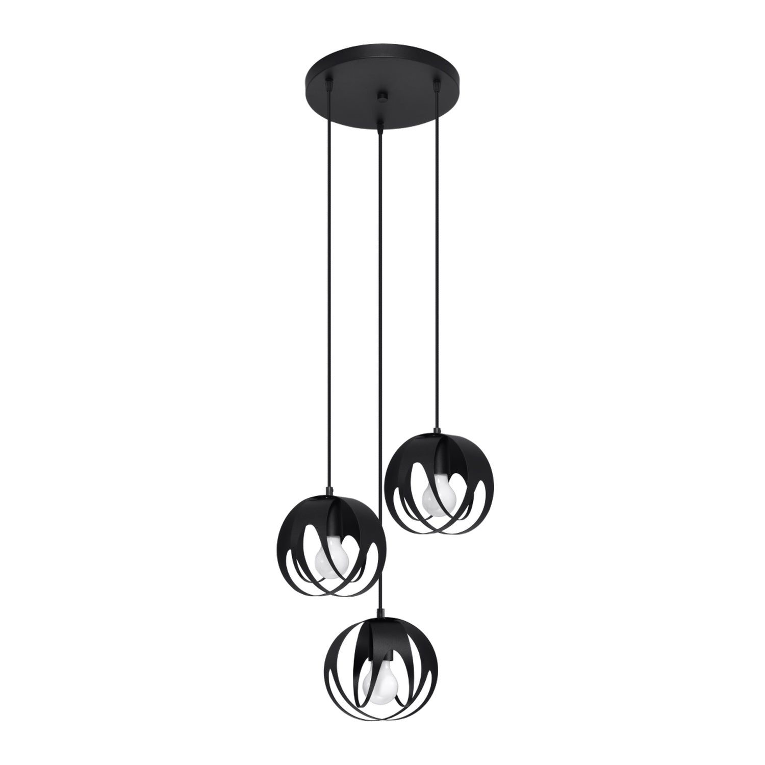 Suspension Tulos 3 en grappe noir, trois boules ajourées en rubans d'acier entrelacés, ampoules E27