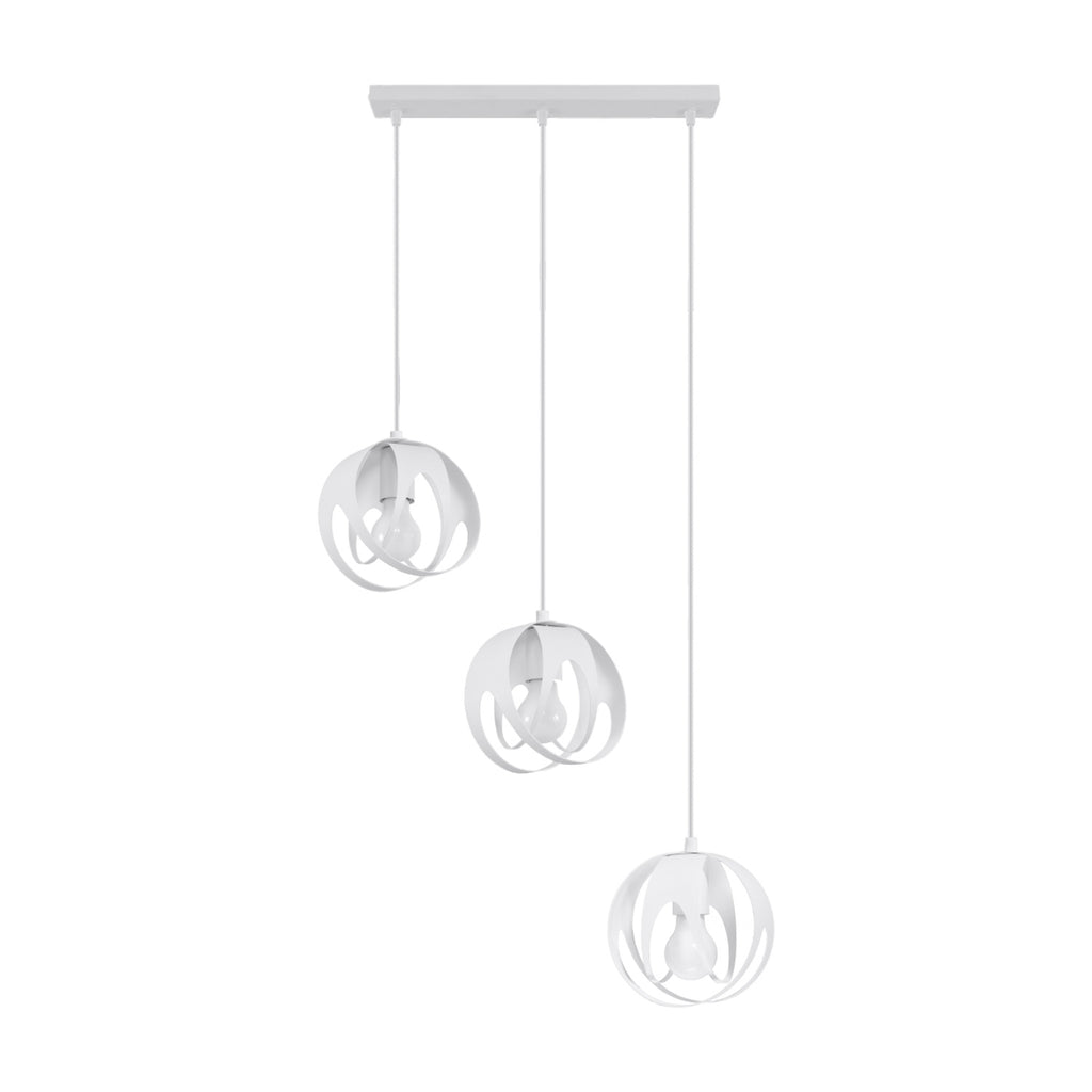 Suspension Tulos 3 en ligne blanc, trois boules ajourées en rubans d'acier entrelacés, ampoules E27