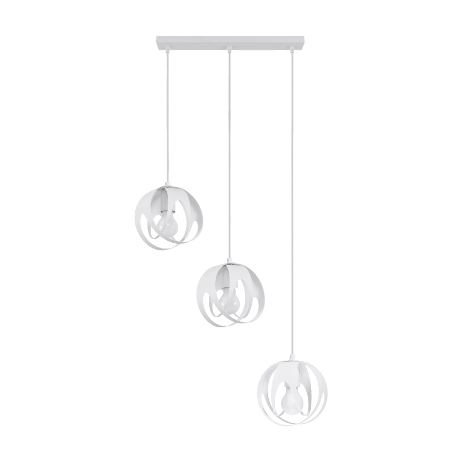 Suspension Tulos 3 en ligne blanc, trois boules ajourées en rubans d'acier entrelacés, ampoules E27