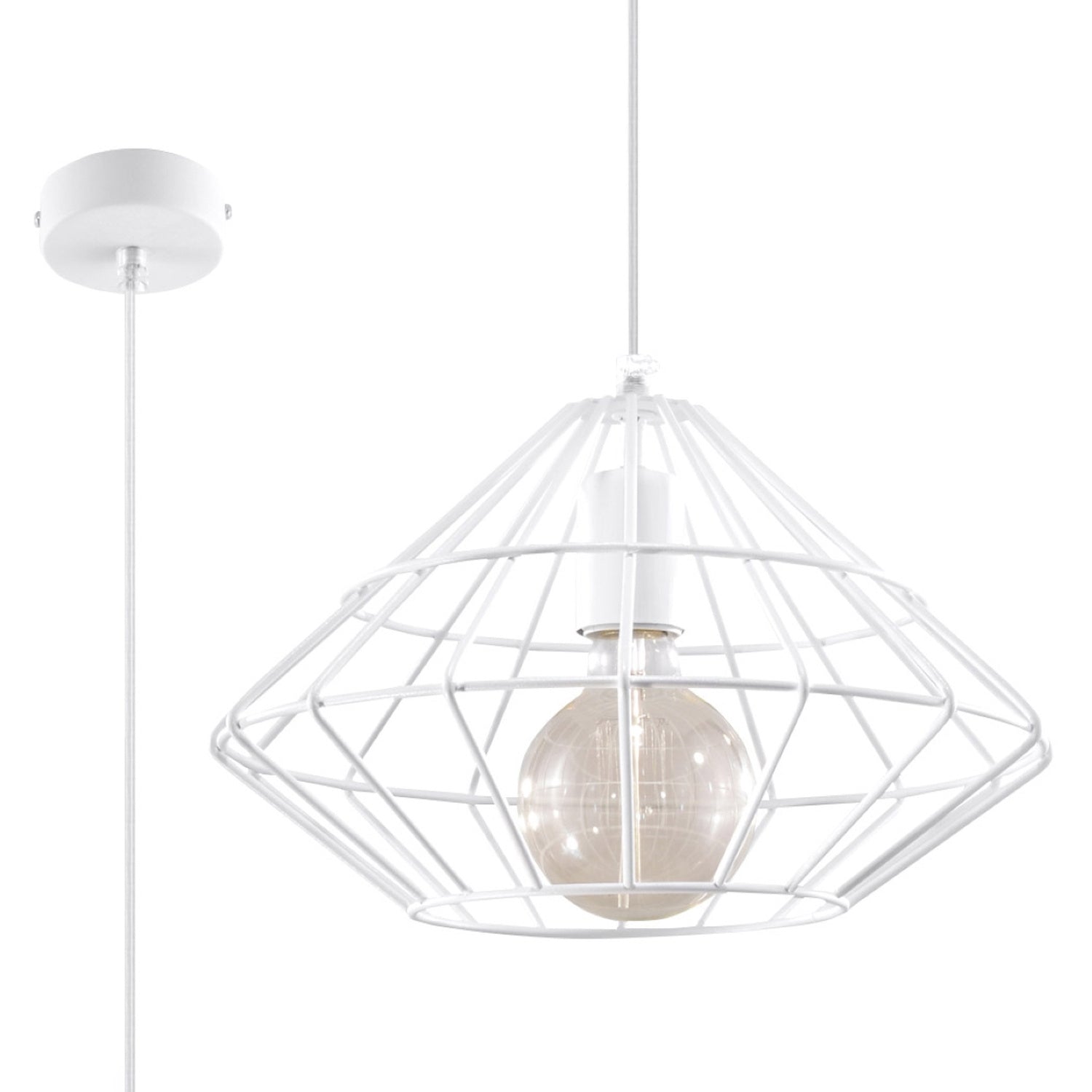 Suspension Umberto blanche en métal, cage géométrique en forme de diamant