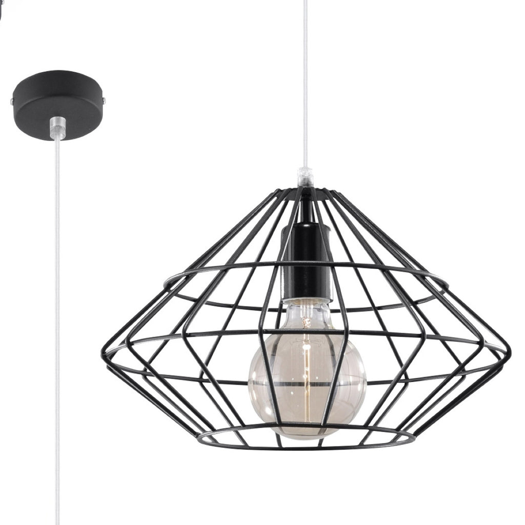 Suspension Umberto noire en métal, cage géométrique en forme de diamant