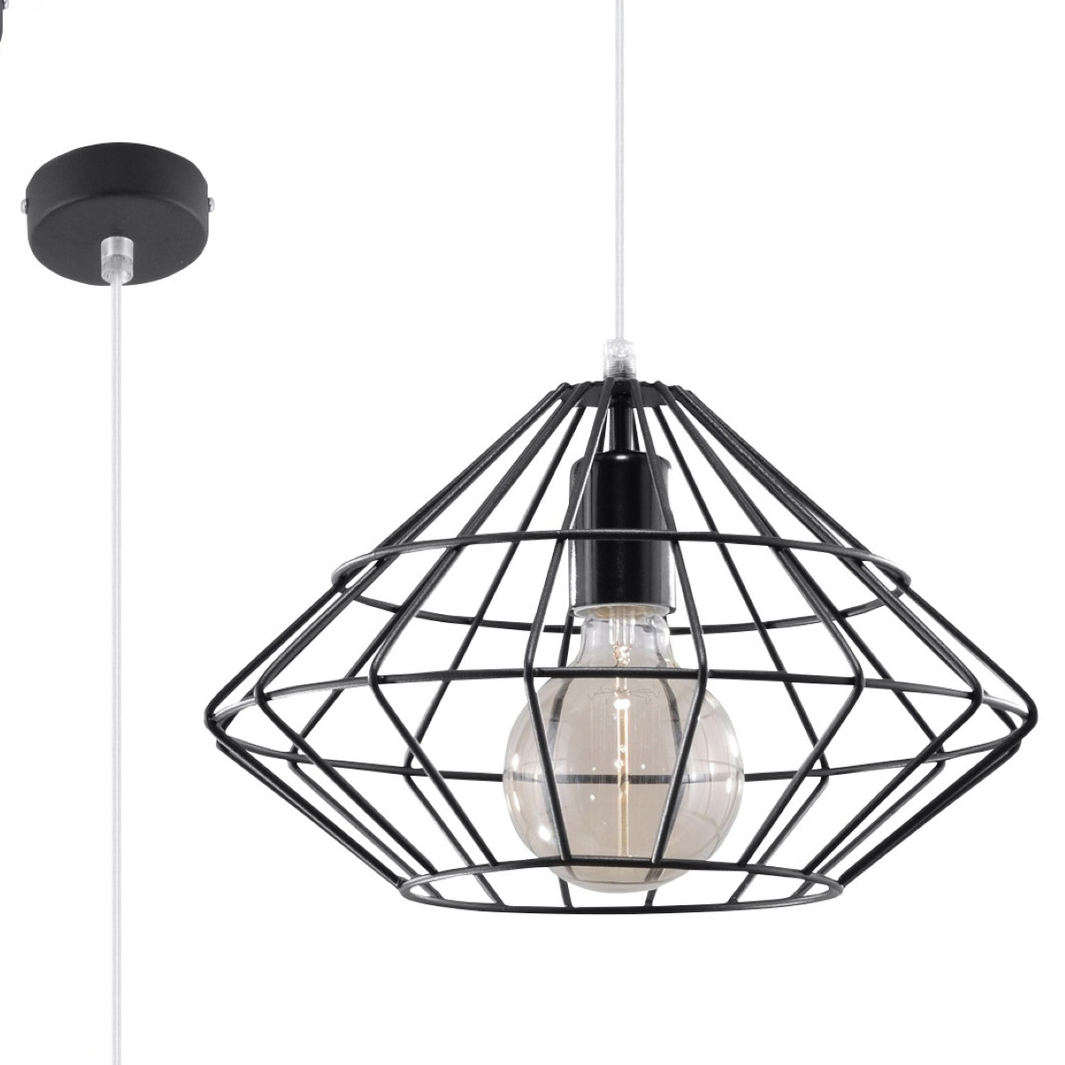 Suspension Umberto noire en métal, cage géométrique en forme de diamant