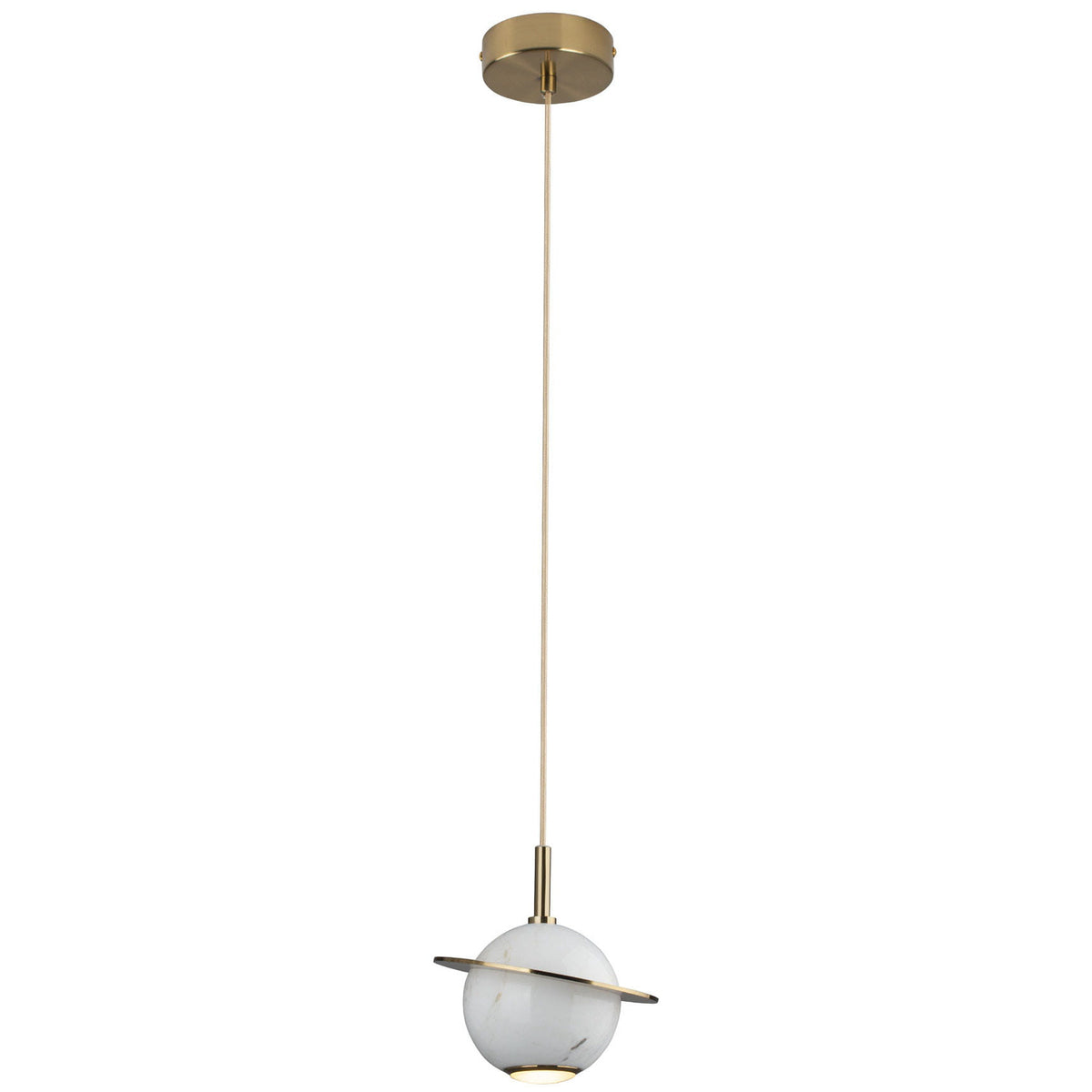 Suspension Uranos sphère de marbre blanc veiné ceinte d'un anneau doré sous une rosace et un cordon dorés