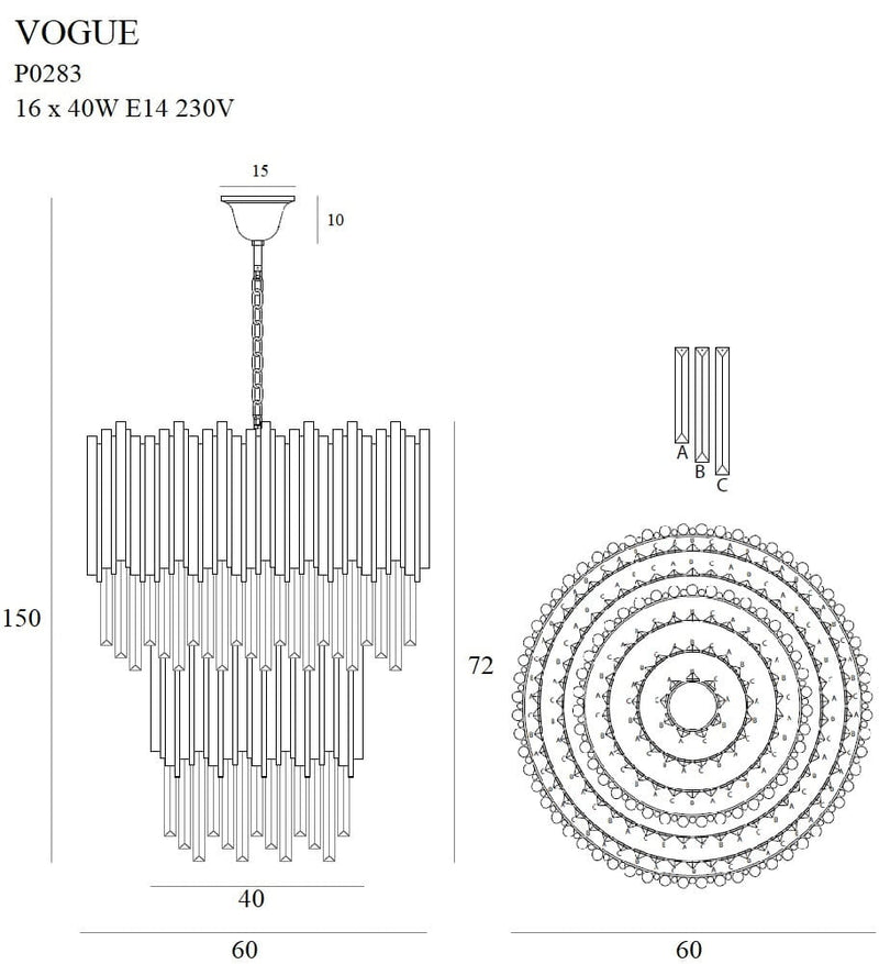 Dimensions Suspension Vogue dorée E14